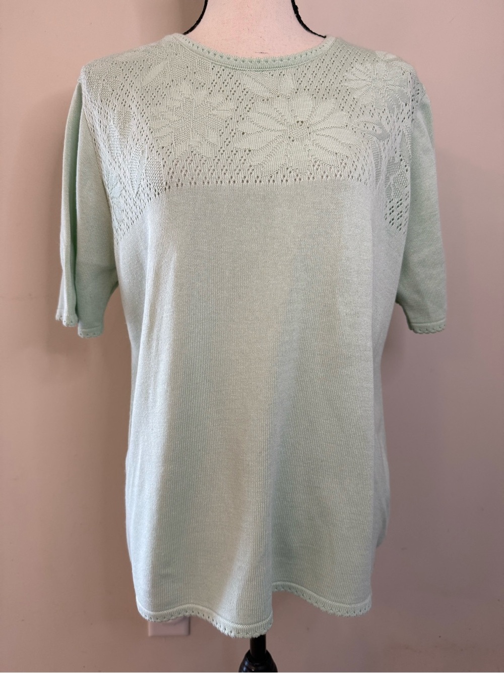 Alfred Dunner mint green floral cutout knit sweater elbow sleeve XL